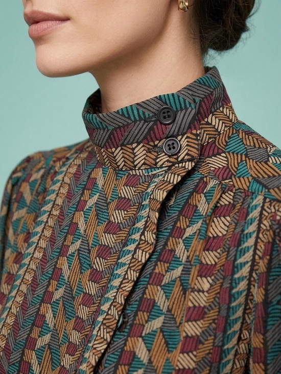Vintage Tops - Vintage 80s Regina Porter Geometric Chevron Mock Neck Blouse Hidden Placket Sz 4